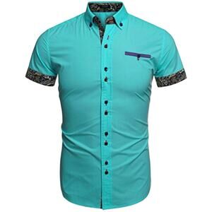 Coofandy Mens Casual Short Sleeve Shirt Large Green Slim Fit Button Paisley Trim